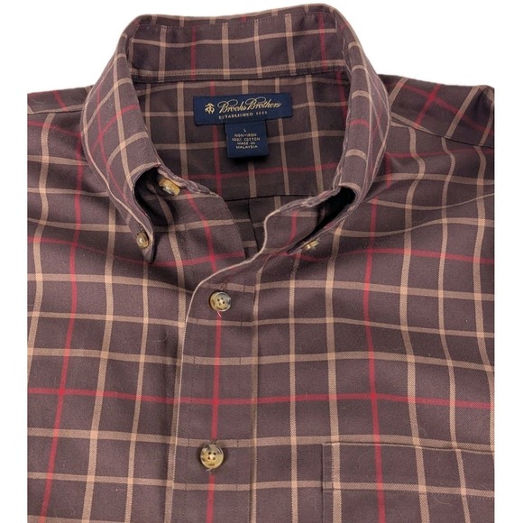 Brooks Brothers Mens Plaid Long Sleeve Button Casual Shirt Brown L Window Pane - Picture 4 of 8